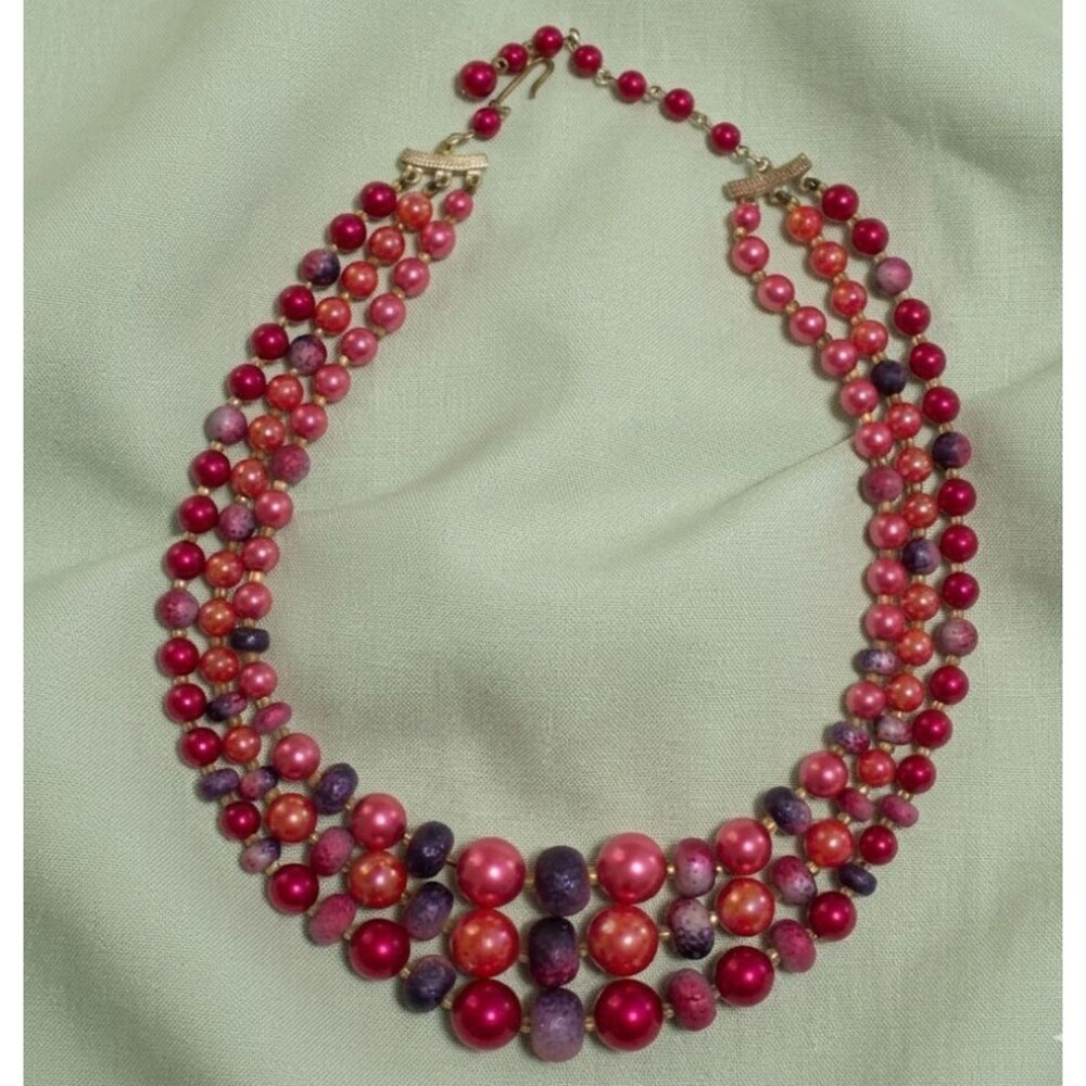 Vintage Germany Bead Necklace Pink Purple Shepards Hook Collar Spring signed